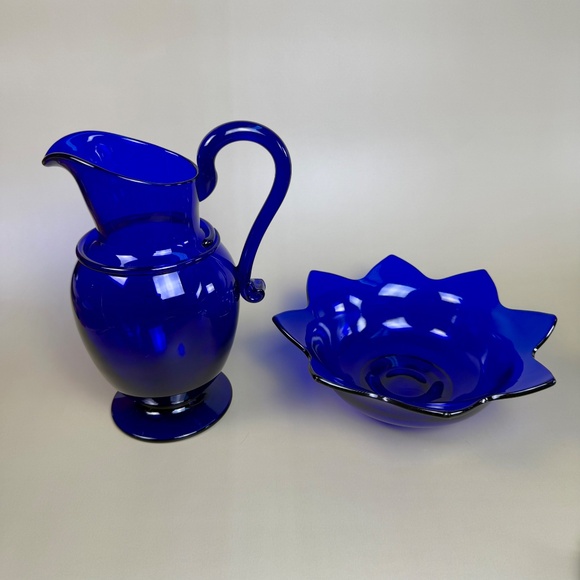 Vintage Cobalt Blue Glass Pitcher & Ruffled Bowl Set | Hand Blown Art Glass - Picture 5 of 16